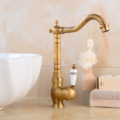 Retro High Arc Vessel Faucet, Single-Handle Brass Swivel Spout Faucet, Antique Brass / Chrome / Polished Gold