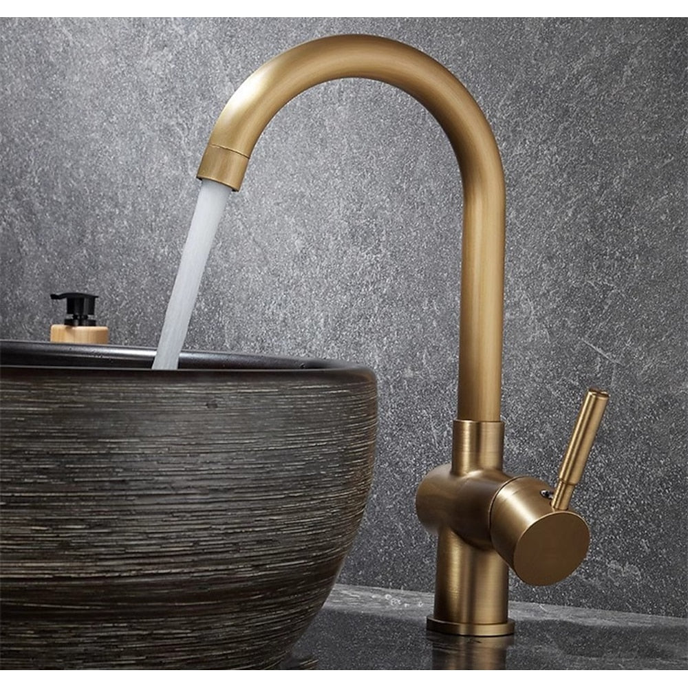 Antique Brass Traditional Bathroom Faucet, Single-Handle High Arc Swivel Spout Faucet