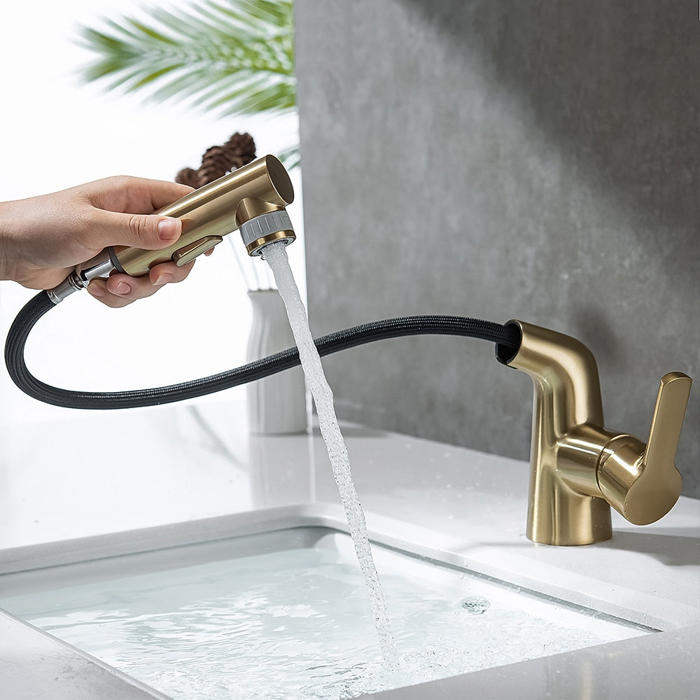 Modern Pull-Out Bathroom Sink Faucet, Single-Handle Swivel Spout Faucet, Brushed Gold / Chrome / Matte Black / Gunmetal