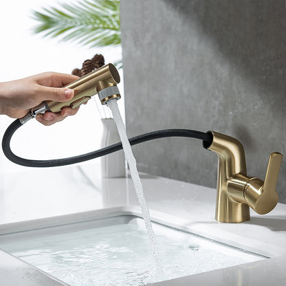 Modern Pull-Out Bathroom Sink Faucet, Single-Handle Swivel Spout Faucet, Brushed Gold / Chrome / Matte Black / Gunmetal