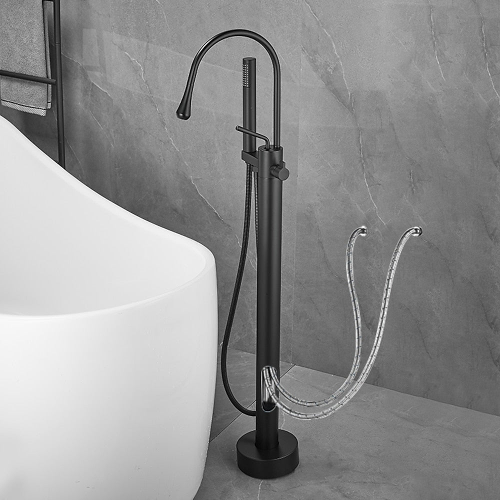 Modern High Arc Freestanding Tub Filler Faucet, Single-Handle Brass Bath Faucet with Handheld Shower, Chrome / Matte Black