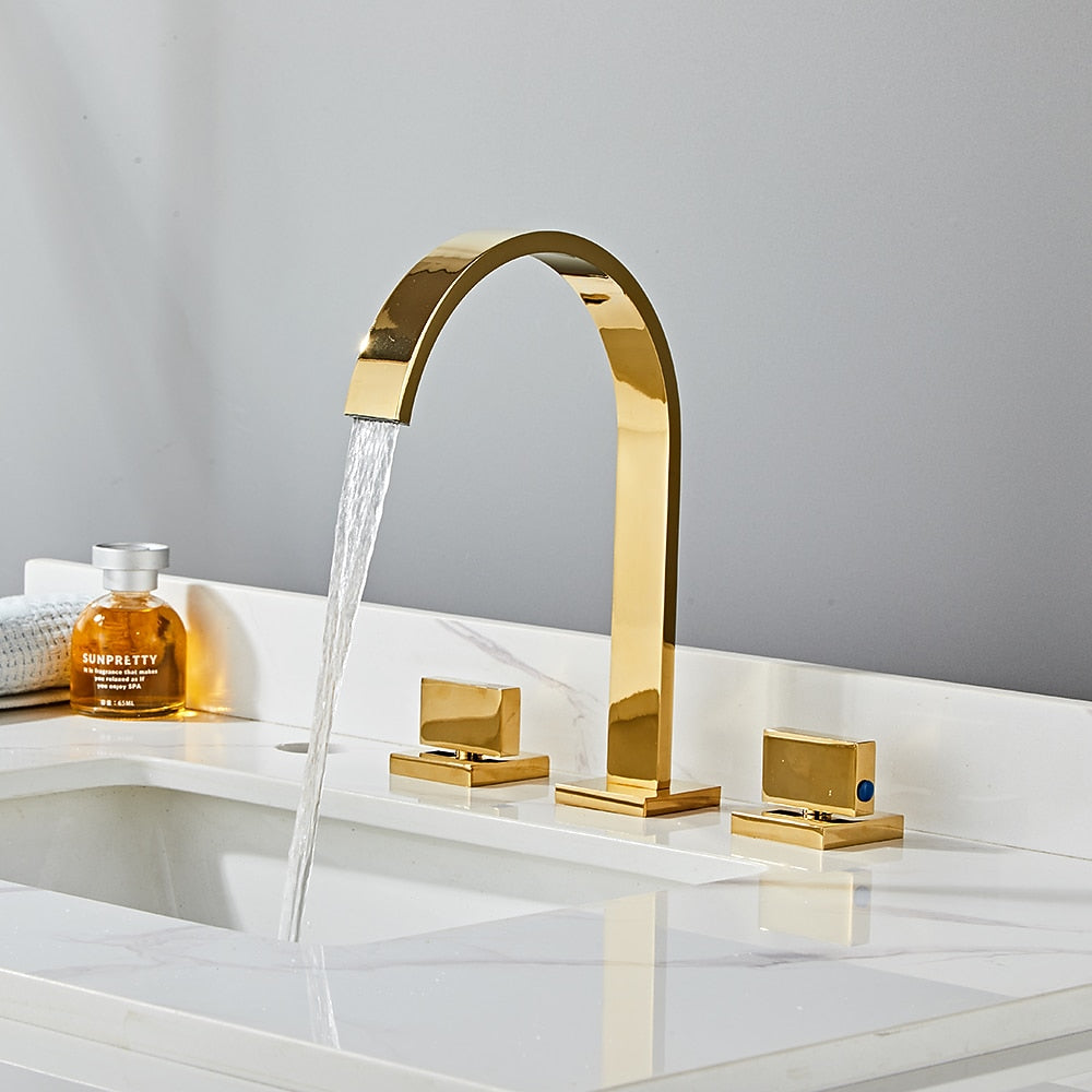 High-Arc Widespread Bathroom Faucet, 3-Hole Dual-Handle Faucet, Brushed Gold / Chrome / Matte Black / Brushed Nickel / Gunmetal / Polished Gold