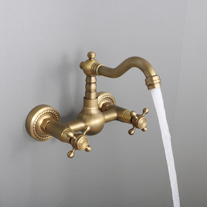 Retro Antique Brass Wall-Mount Bathroom Faucet, Double Cross Handle Swivel Spout Faucet