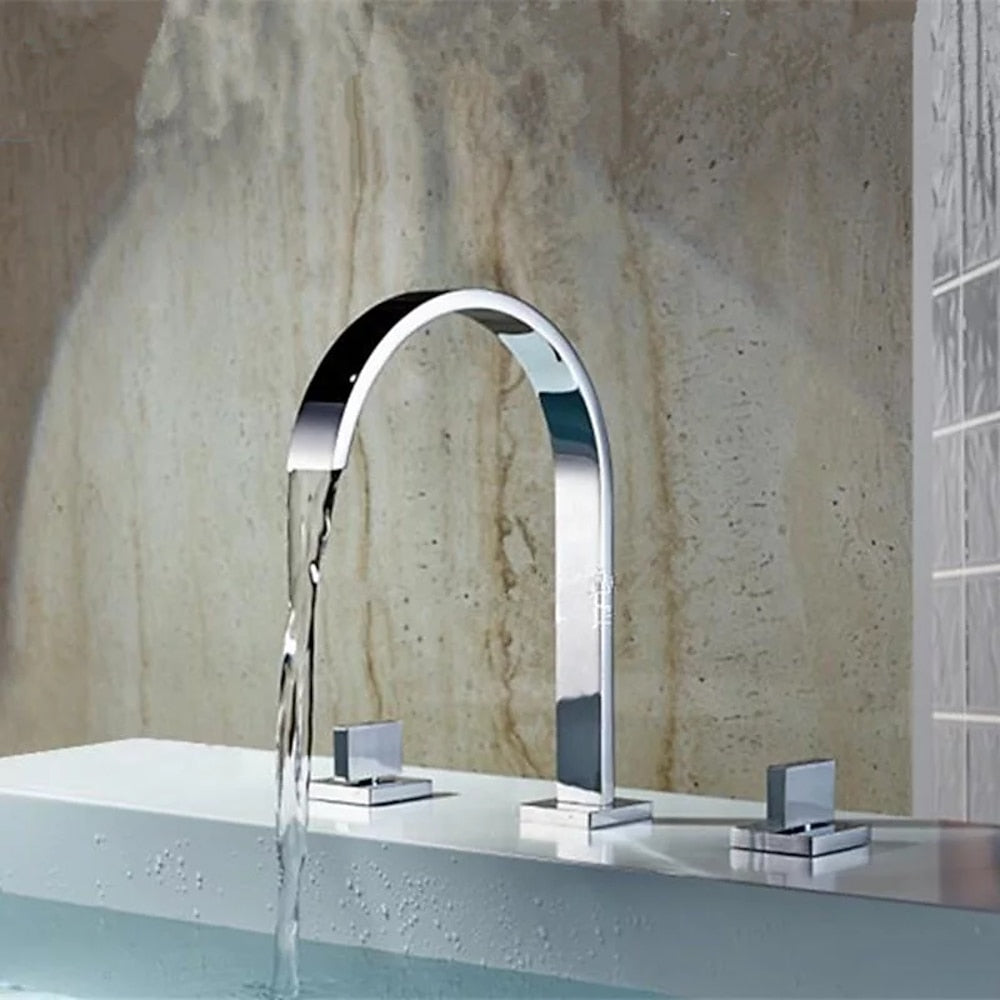 Modern Brass Waterfall Roman Tub Faucet, 3-Hole Dual-Handle High Arc Bathtub Faucet, Matte Black / Chrome