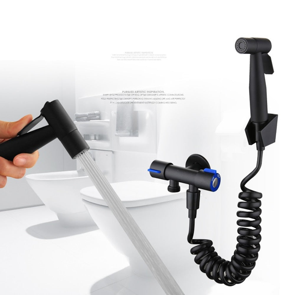 Wall-Mount Stainless Steel Handheld Toilet Bidet Sprayer Kit with Hose, Dual-Control T-Valve Sprayer, Matte Black / Stainless Steel