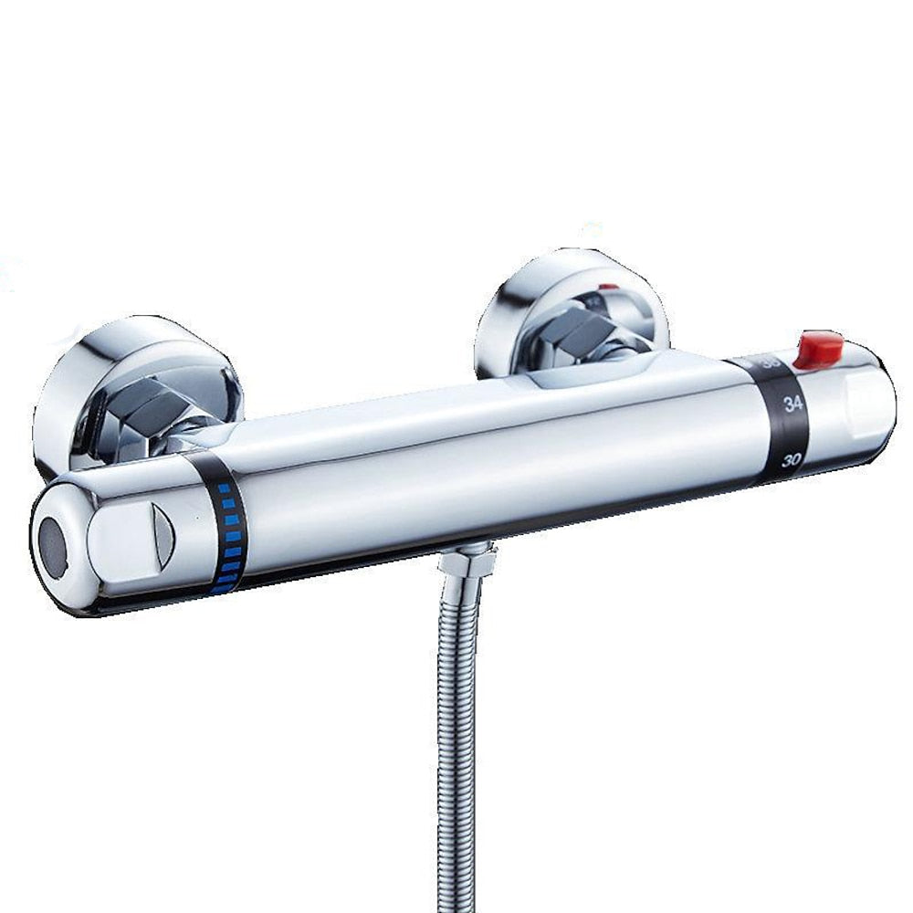 Chrome Wall-Mount Thermostatic Shower Valve, Dual-Knob Brass Mixer Bar with 38°C Safety Button