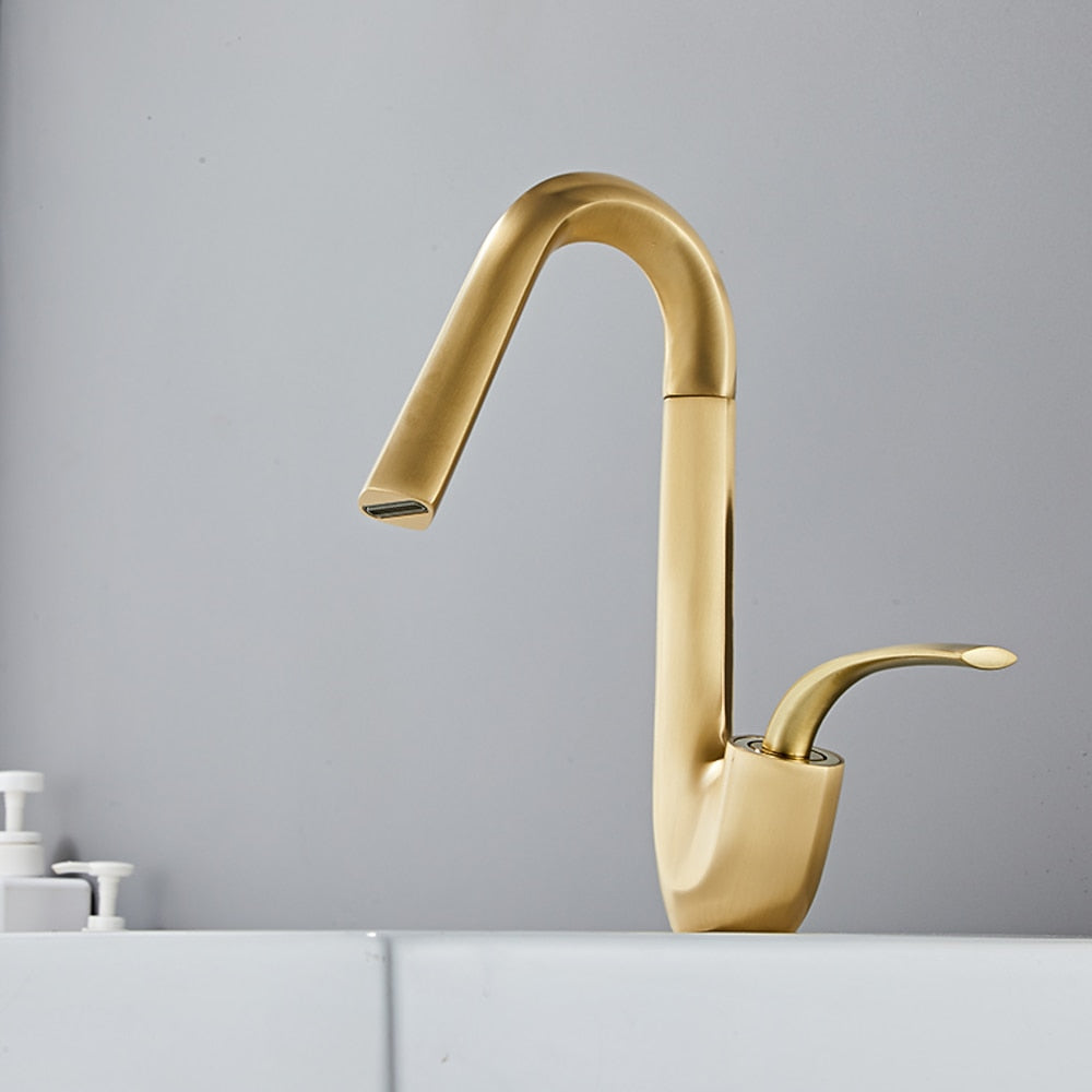 Modern Single-Hole Waterfall Bathroom Faucet, Single-Handle Swivel Spout Faucet, Matte Black / Brushed Gold / Chrome