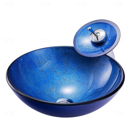 Blue Tempered Glass Vessel Sink, Chrome Single-Handle Waterfall Faucet with Pop-Up Drain / Mounting Ring