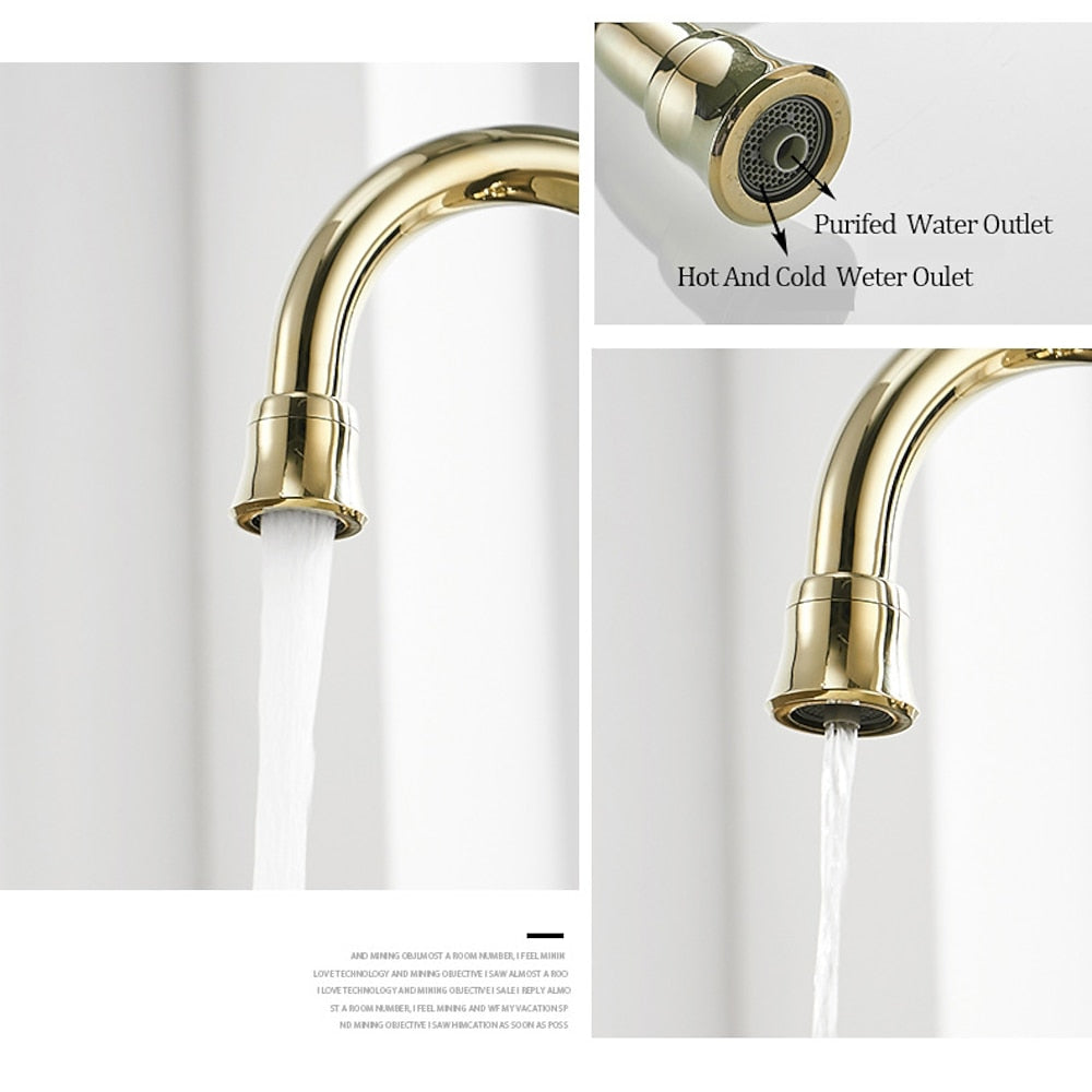 Traditional Brass 3-Way Purified Water Kitchen Faucet, Dual-Handle Swivel Spout Faucet, Antique Brass / Chrome / Matte Black / Polished Gold