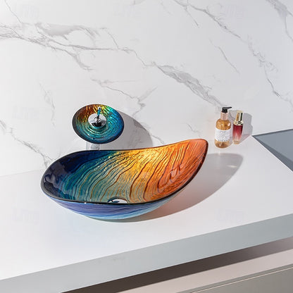 Modern Tempered Glass Vessel Sink, Single-Handle Chrome Waterfall Faucet Combo