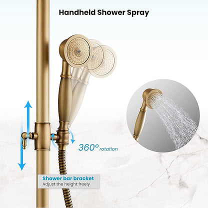 Antique Brass Rainfall Shower System, Wall-Mount Double Cross Handle Shower Faucet with Handheld Shower / Swivel Tub Spout