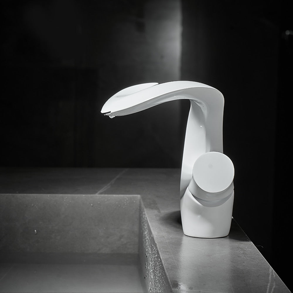 Waterfall Modern Single-Hole Bathroom Faucet, Single-Handle Brass Faucet, Matte White / Matte Black / Brushed Nickel / Antique Brass