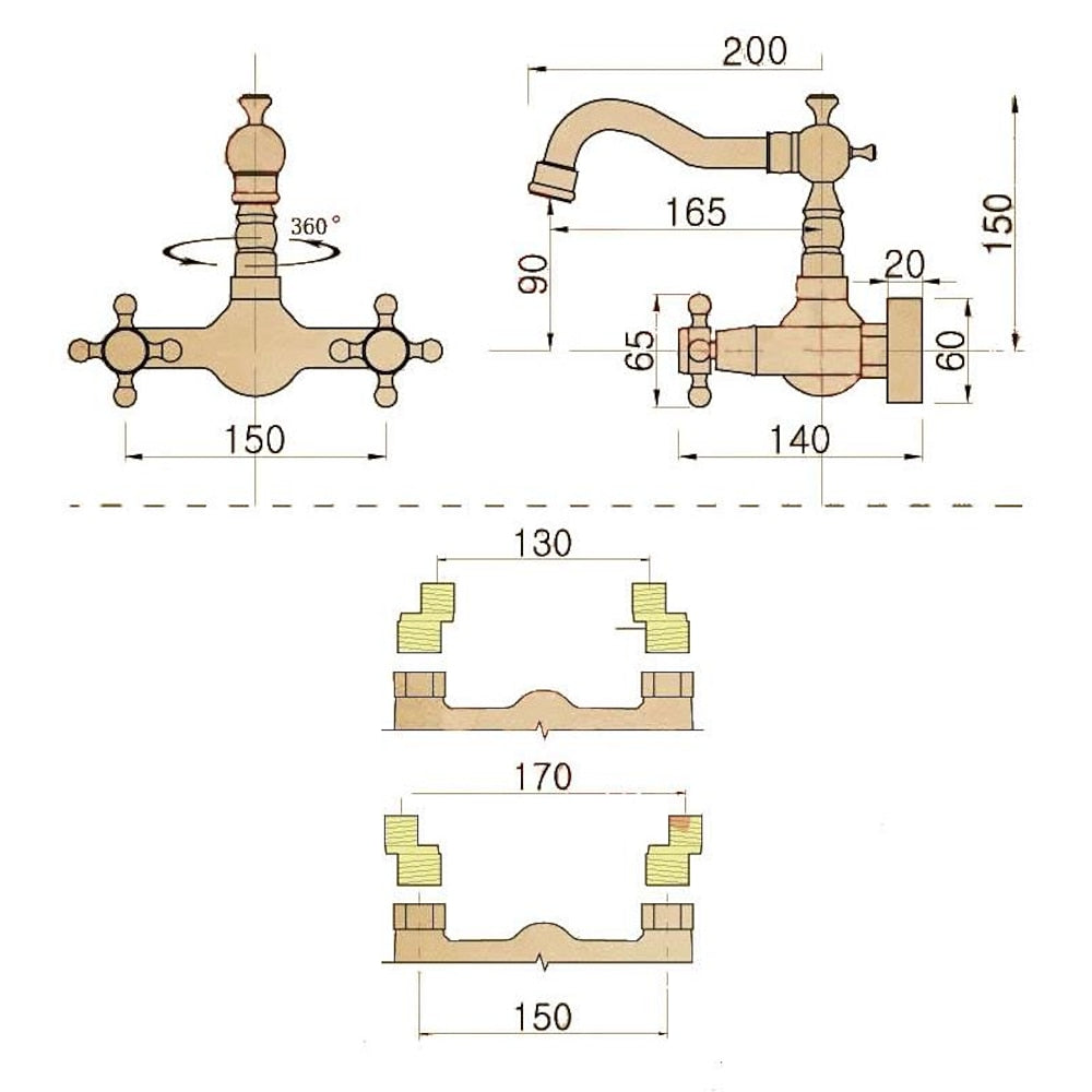 Antique Brass Wall-Mount Bathroom Faucet, Double Cross Handle Swivel Spout Faucet