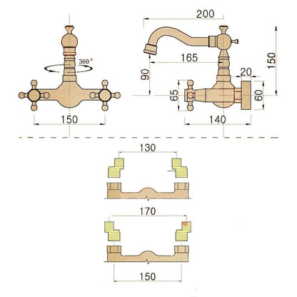 Antique Brass Wall-Mount Bathroom Faucet, Double Cross Handle Swivel Spout Faucet