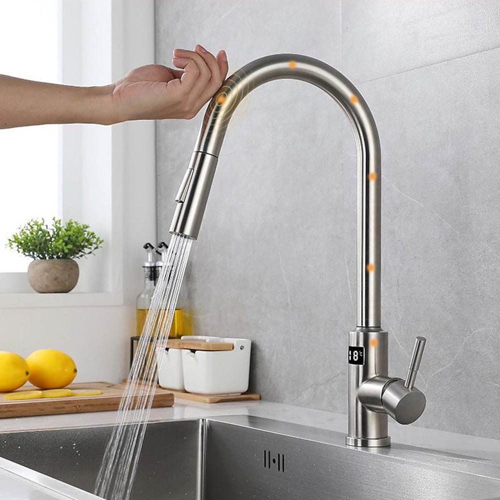 Touchless Sensor Stainless Steel Pull-Down Kitchen Faucet, Modern Single-Handle Digital Display Faucet