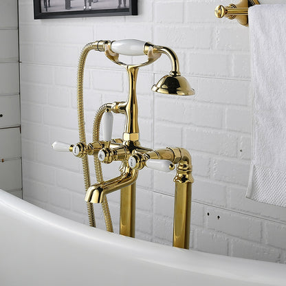 Polished Gold Retro Vintage Tub Filler Faucet, Floor-Mount Three-Handle Faucet with Handheld Shower
