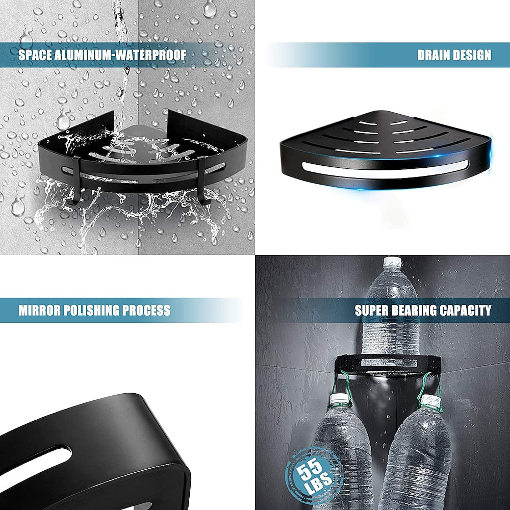 Modern Space Aluminum Wall-Mount Corner Shower Shelf, Triangle Single-Layer Shower Caddy with Hooks, Matte Black / Stainless Steel