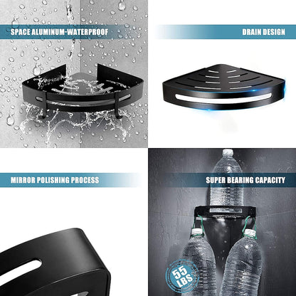 Modern Space Aluminum Wall-Mount Corner Shower Shelf, Triangle Single-Layer Shower Caddy with Hooks, Matte Black / Stainless Steel