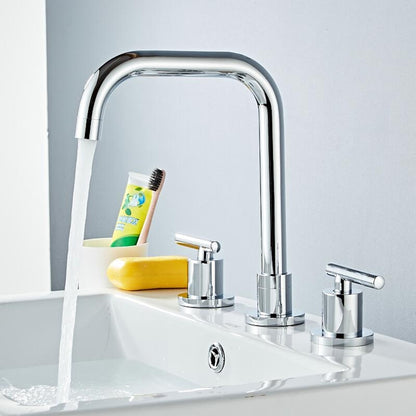 360-Degree Swivel Widespread Bathroom Faucet, Double Lever Handle Brass Basin Faucet, Polished Gold / Chrome