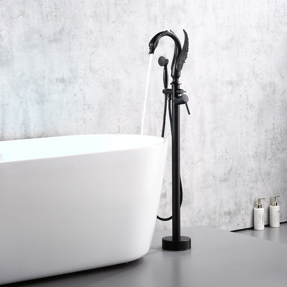 Swan Design Freestanding Tub Filler Faucet, Single-Handle Swivel Spout Tub Faucet with Handheld Shower, Polished Gold / Matte Black