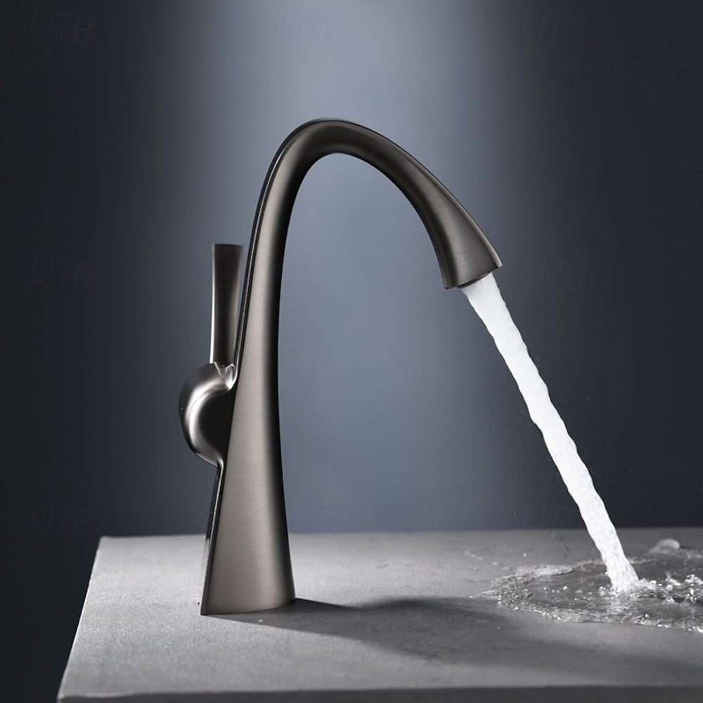 Modern Single-Hole Bathroom Faucet, Single-Handle High-Arc Faucet, Matte White / Chrome / Polished Gold / Matte Black / Brushed Gold / Rose Gold / Gunmetal