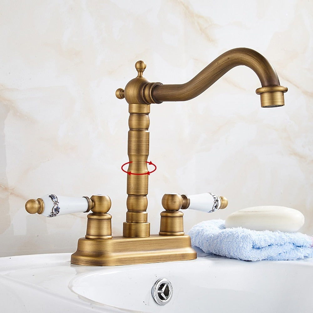 Antique Brass Swivel Spout Bathroom Faucet, Vintage Double-Handle Centerset Faucet