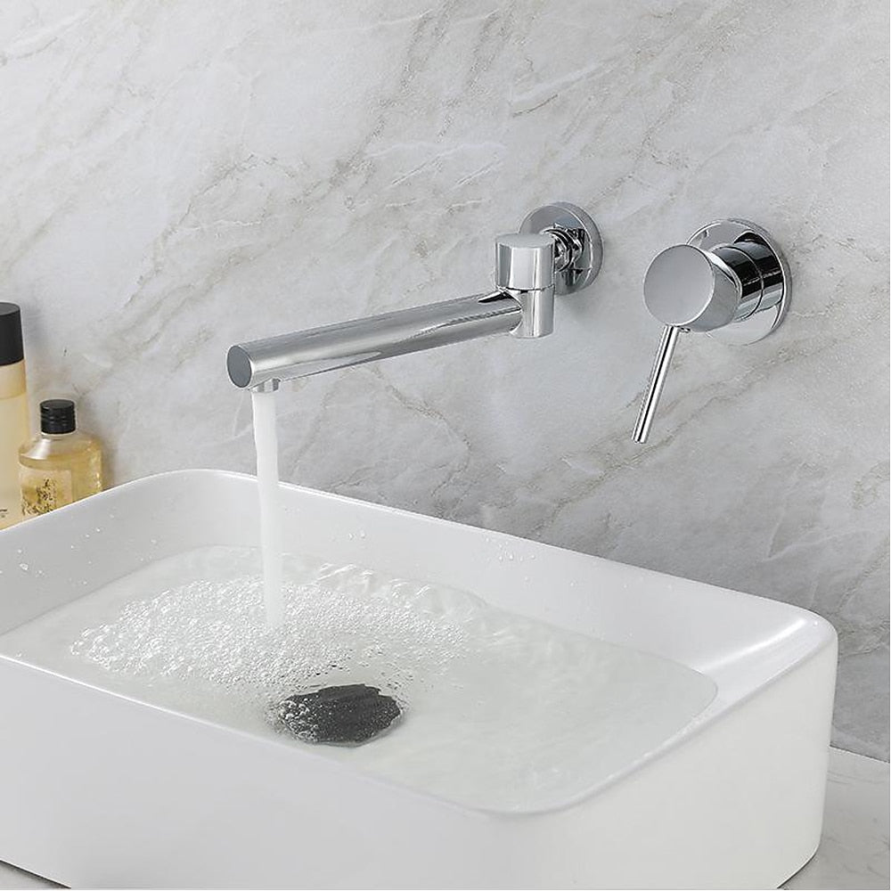 Modern Wall-Mount Single-Handle Bathroom Faucet, Swivel Spout Brass Basin Faucet, Chrome / Matte Black