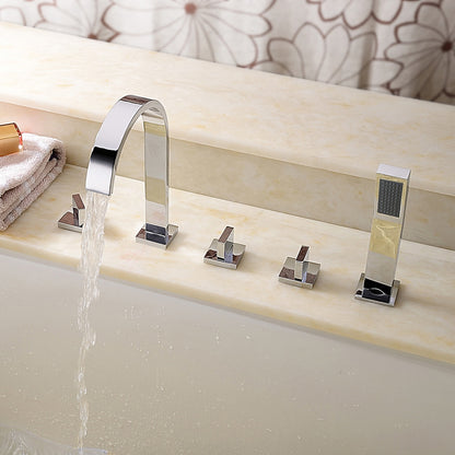 Chrome Waterfall Roman Tub Faucet, 3-Handle Deck-Mount Faucet with Handheld Shower