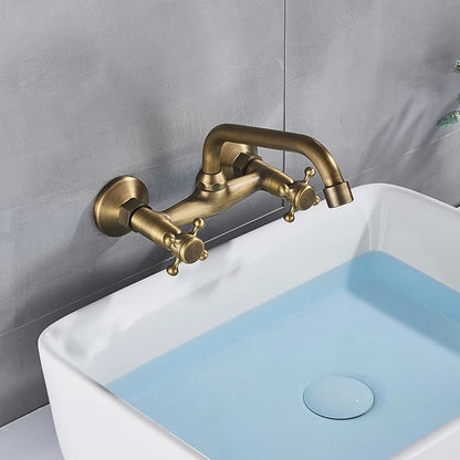 Wall-Mount Vintage Oil-Rubbed Bronze Brass Bathroom Sink Faucet, Double-Handle Swivel High Arc Spout Faucet