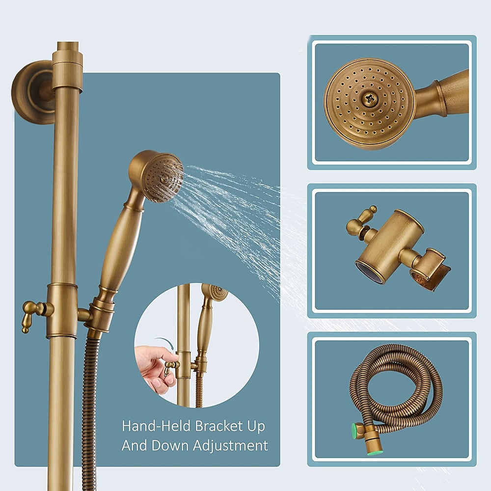 Antique Brass Vintage Exposed Shower Faucet, Wall-Mount Complete Shower System with Handheld Shower / 8-Inch Rain Shower Head