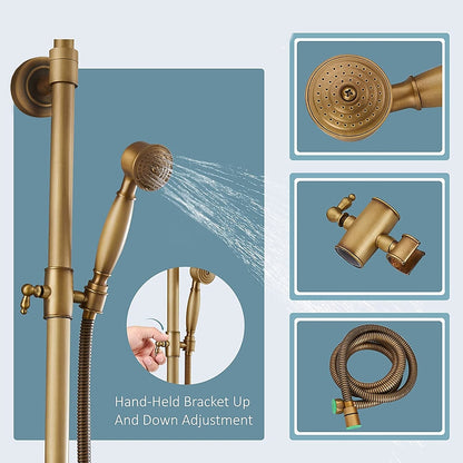 Antique Brass Vintage Exposed Shower Faucet, Wall-Mount Complete Shower System with Handheld Shower / 8-Inch Rain Shower Head