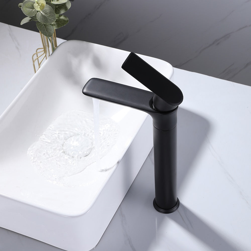 Matte Black Modern Single-Hole Vessel Sink Faucet, Single-Handle Tall Bathroom Faucet