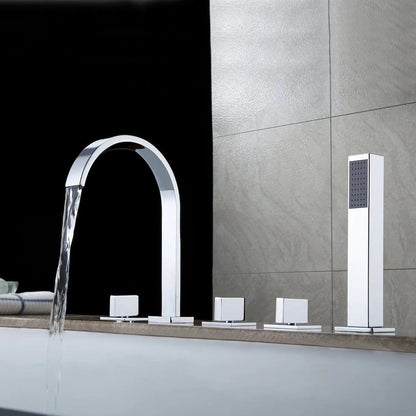 High Arc Roman Tub Faucet, 3-Handle Deck Mounted Bath Filler with Handheld Shower, Chrome / Matte Black
