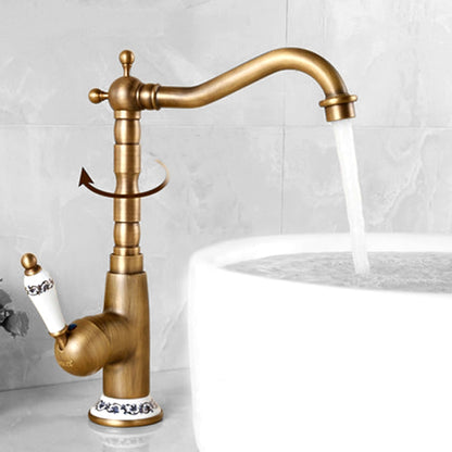 Antique Brass Vintage Single-Hole Bathroom Faucet, High Arc Swivel Spout Vessel Sink Faucet with Ceramic Handle