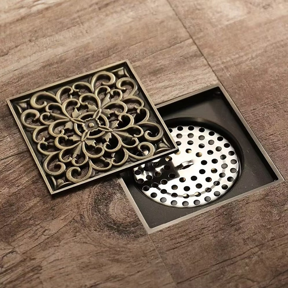 Antique Brass Traditional Square Floor Drain, Floor-Mounted Brass Drain with Removable Grate