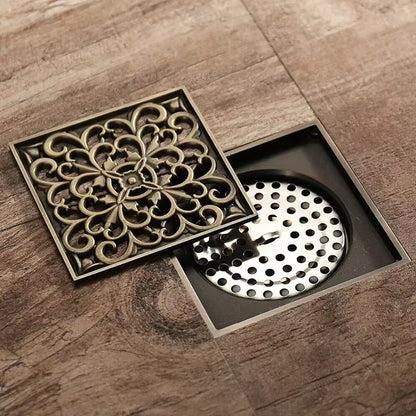 Antique Brass Traditional Square Floor Drain, Floor-Mounted Brass Drain with Removable Grate