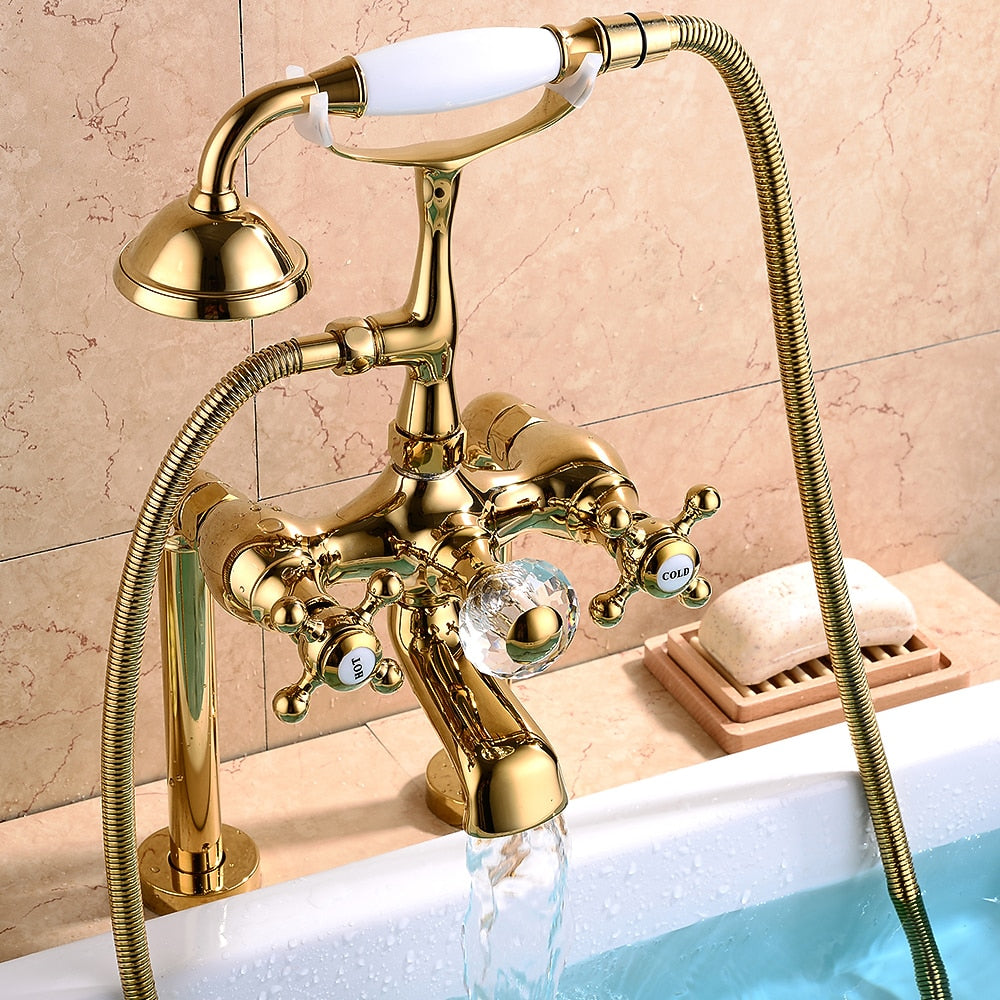 Traditional Roman Tub Faucet with Handheld Shower, 3-Handle Deck-Mount Tub Filler, Chrome / Polished Gold