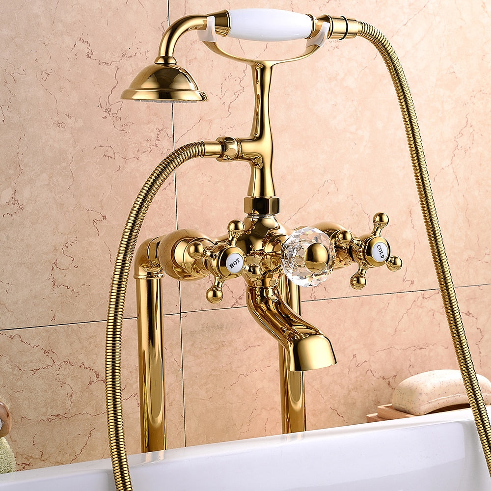 Traditional Roman Tub Faucet with Handheld Shower, 3-Handle Deck-Mount Tub Filler, Chrome / Polished Gold