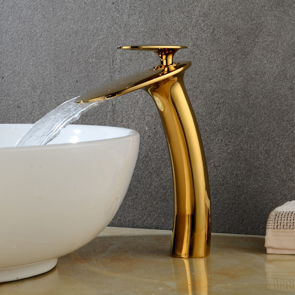 Modern Waterfall Bathroom Faucet, Single-Handle Brass Faucet, Matte Black / Chrome / Brushed Nickel / Brushed Gold / Polished Gold / Rose Gold / Oil-Rubbed Bronze / Venetian Bronze / Gunmetal / Matte White / Copper / Painted / Powder Coated