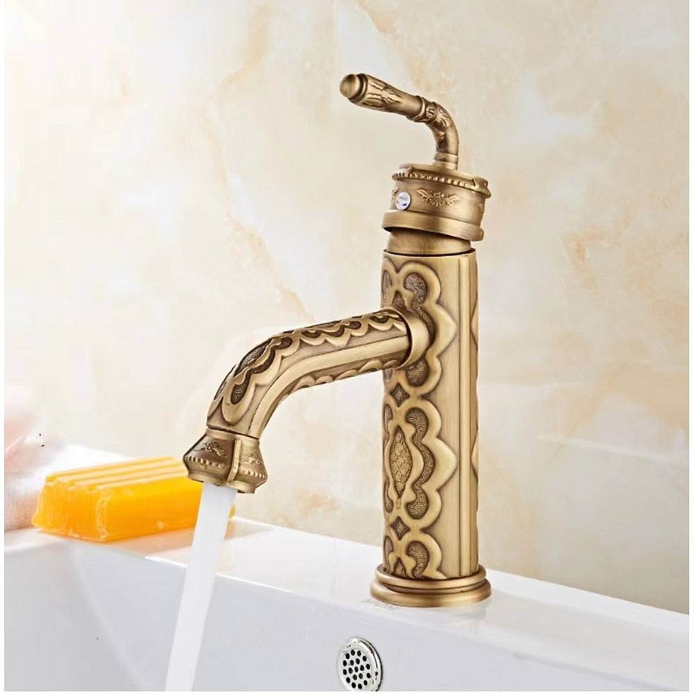 Antique Brass 360-Degree Swivel Spout Vintage Bathroom Faucet, Single-Handle Single-Hole Basin Faucet with Water Inlet Hoses