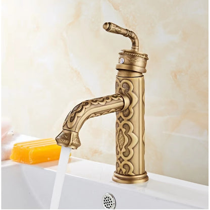 Antique Brass 360-Degree Swivel Spout Vintage Bathroom Faucet, Single-Handle Single-Hole Basin Faucet with Water Inlet Hoses