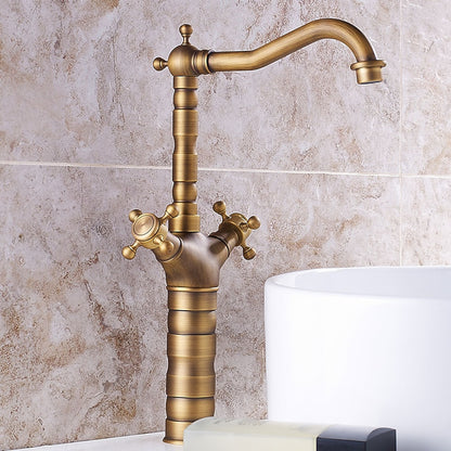 Antique Brass Vessel Sink Faucet, Traditional Double Handle Swivel Faucet with Pop-Up Drain