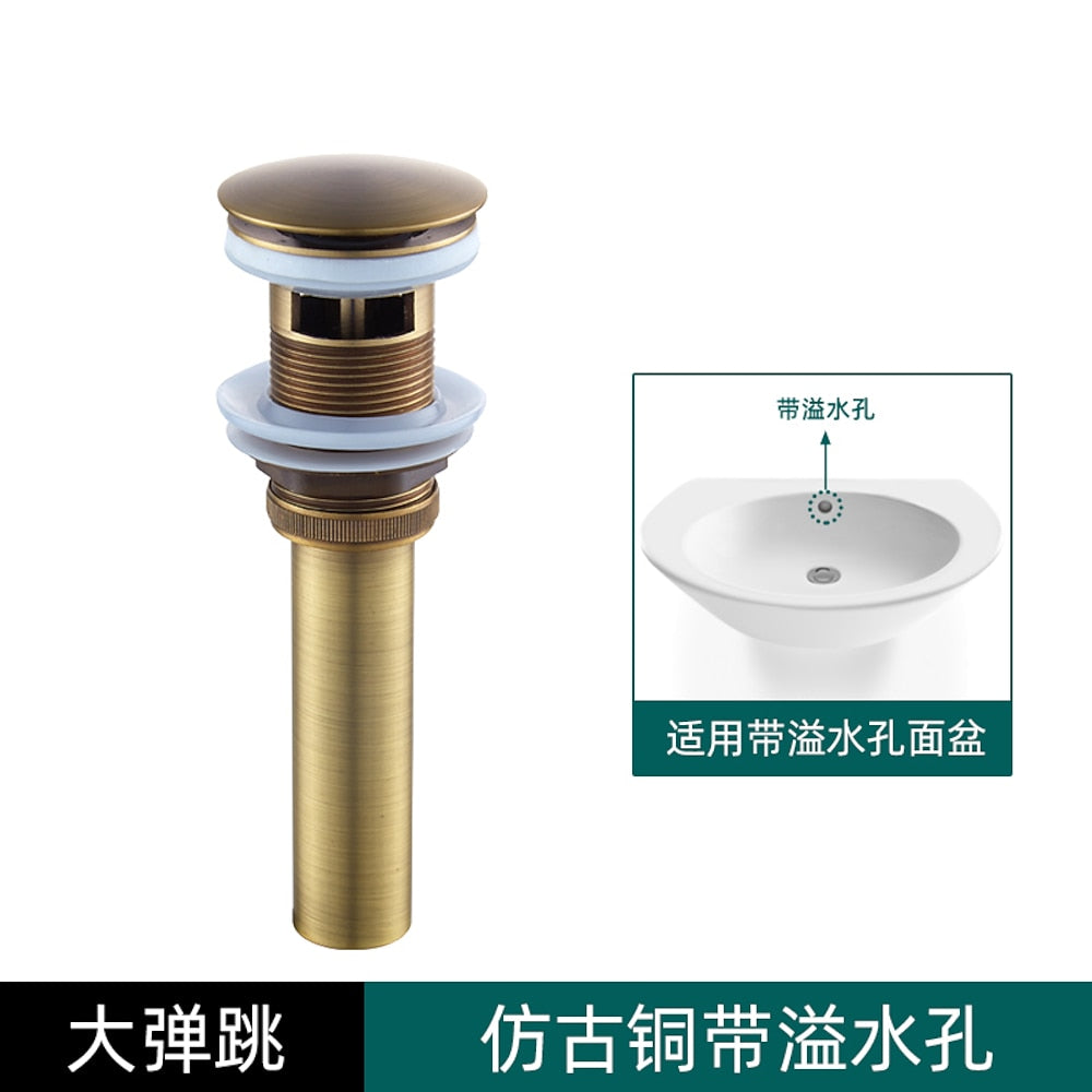 Antique Brass Engraved Bathroom Sink Pop-Up Drain, Solid Brass Vanity Basin Drain Assembly, With / Without Overflow