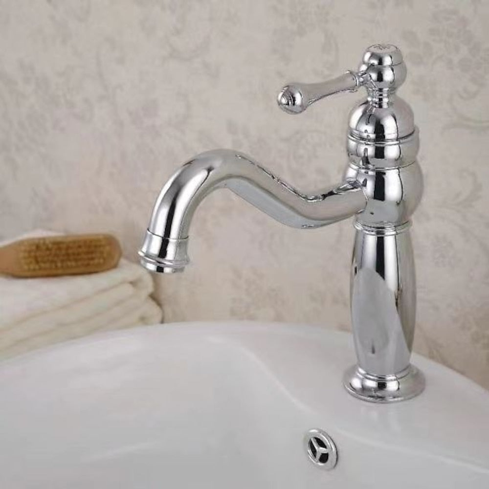 Traditional High Arc Bathroom Sink Faucet, Single-Hole Deck Mount Faucet with Ceramic Lever Handle, Polished Gold / Chrome / Antique Brass