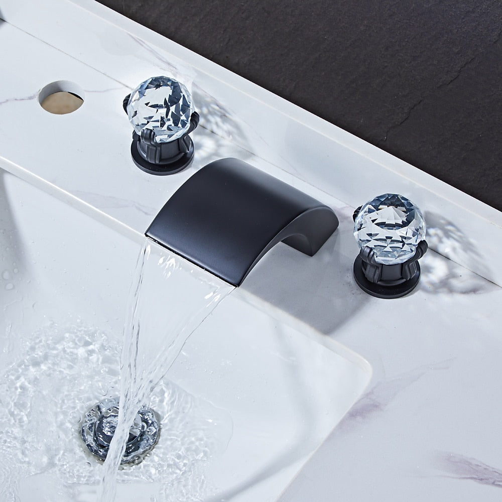 Waterfall Bathroom Faucet, Modern 3-Hole Widespread Faucet, Double Crystal Handle Faucet, Matte Black / Chrome / Brushed Gold / Polished Gold