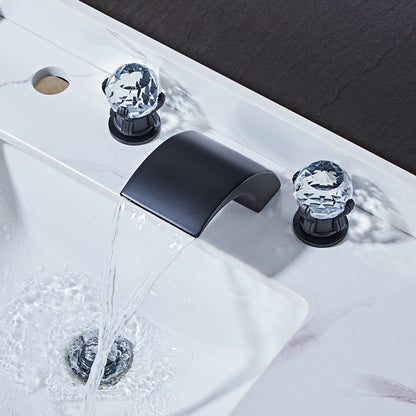 Waterfall Bathroom Faucet, Modern 3-Hole Widespread Faucet, Double Crystal Handle Faucet, Matte Black / Chrome / Brushed Gold / Polished Gold