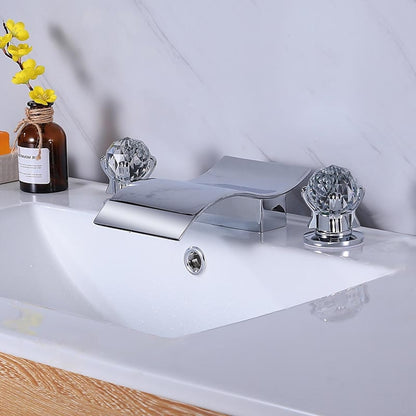 Waterfall Brass Bathroom Faucet, 3-Hole Widespread Faucet with Crystal Knob Handles, Matte Black / Chrome
