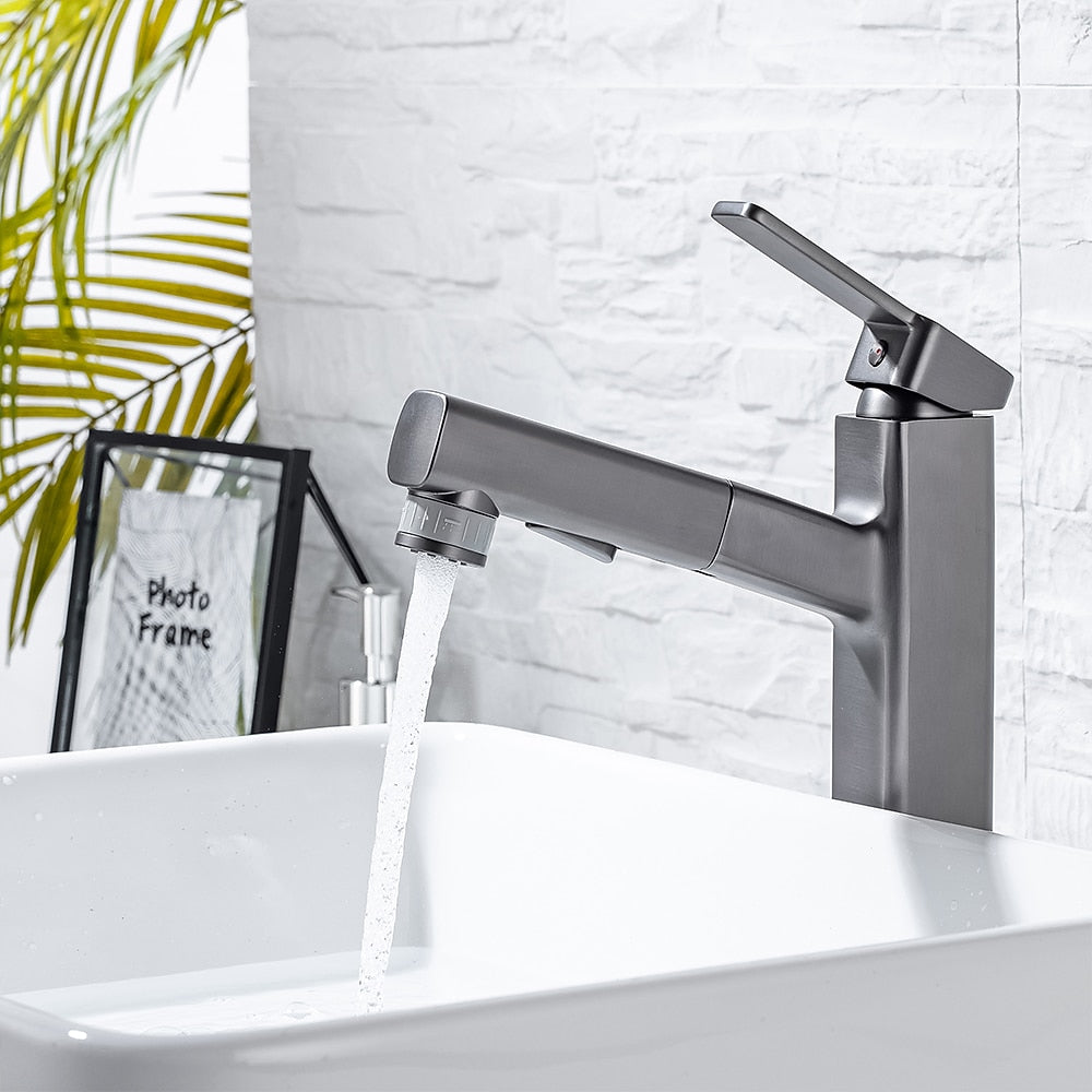 Pull-Out Single-Hole Brass Bathroom Faucet, Upward Fountain Spout Faucet, Chrome / Matte Black / Brushed Gold / Gunmetal