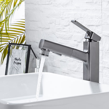 Pull-Out Single-Hole Brass Bathroom Faucet, Upward Fountain Spout Faucet, Chrome / Matte Black / Brushed Gold / Gunmetal