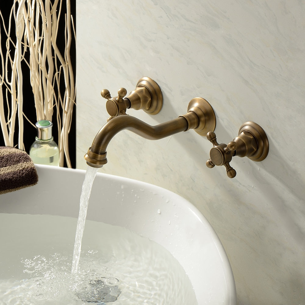 360-Degree Swivel Spout Wall-Mount Bathroom Faucet, Traditional Dual Cross Handle Brass Faucet, Antique Brass / Matte Black / Chrome / Matte White